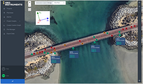 GeoCloud Planview - Bridge with Monitoring Points GeoCloud Website Planview showing GNSS Sensors on Bridge