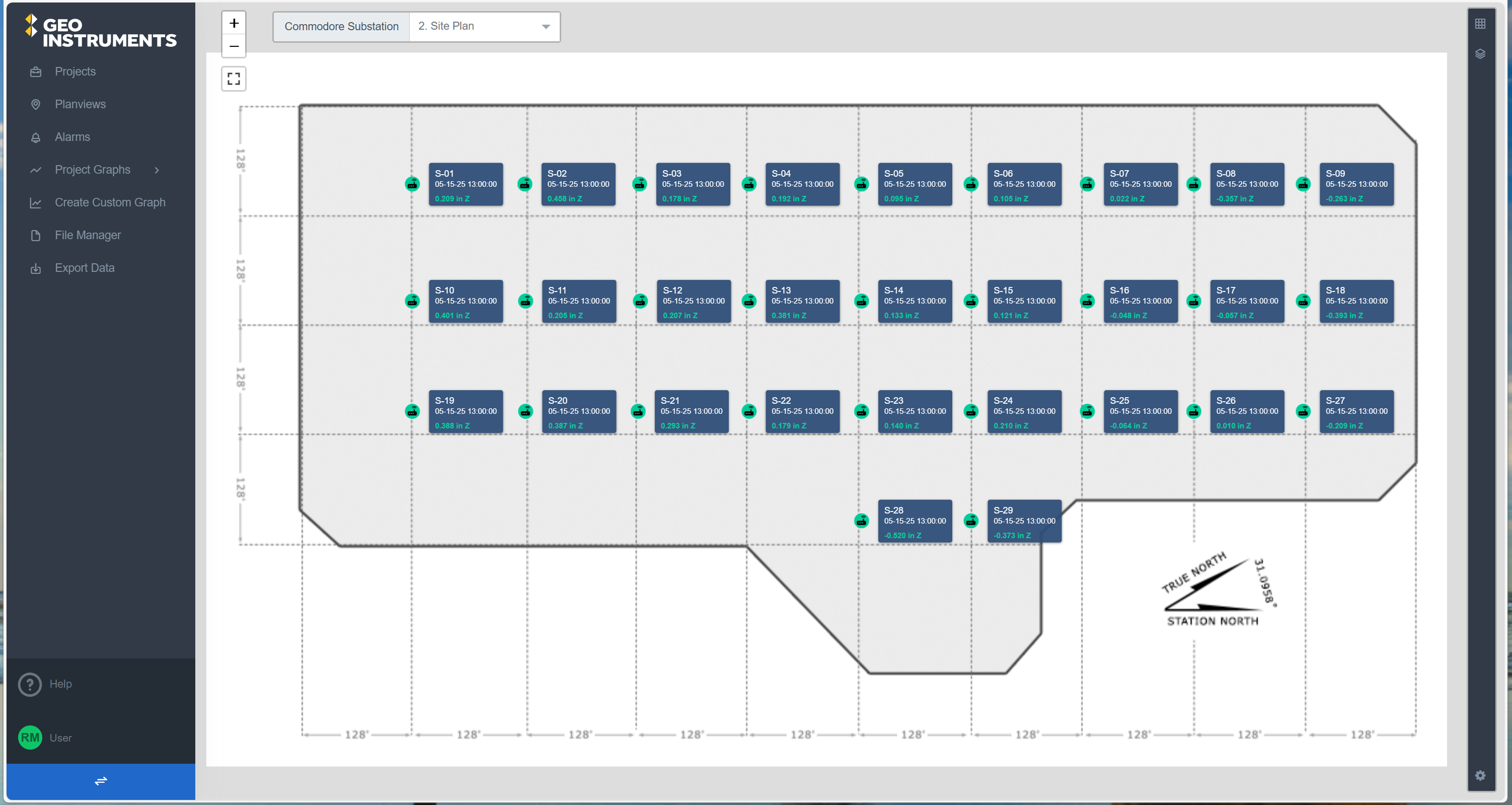 site plan screen short with sensors Site Planview with settlement plate readings
