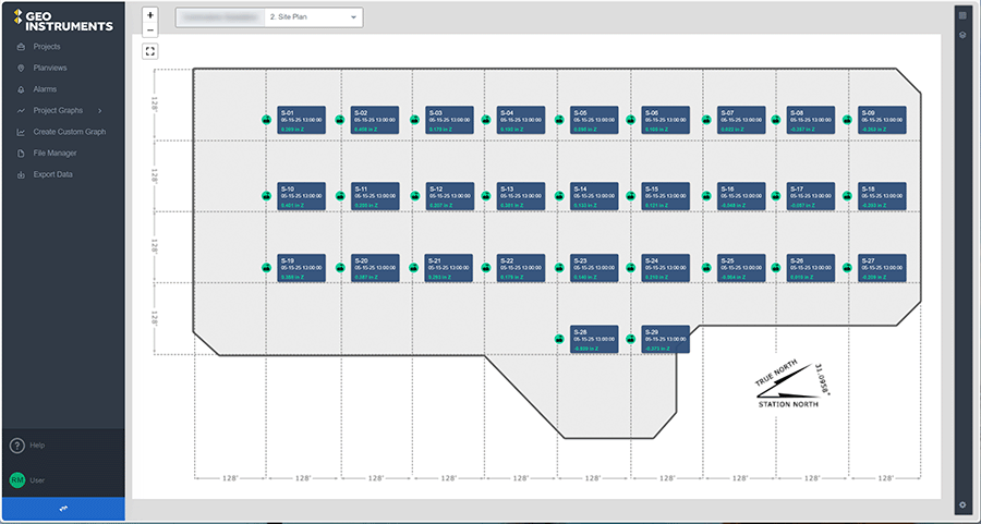 GeoCloud Planview with Sensor Overlay Site Planview with settlement plate readings